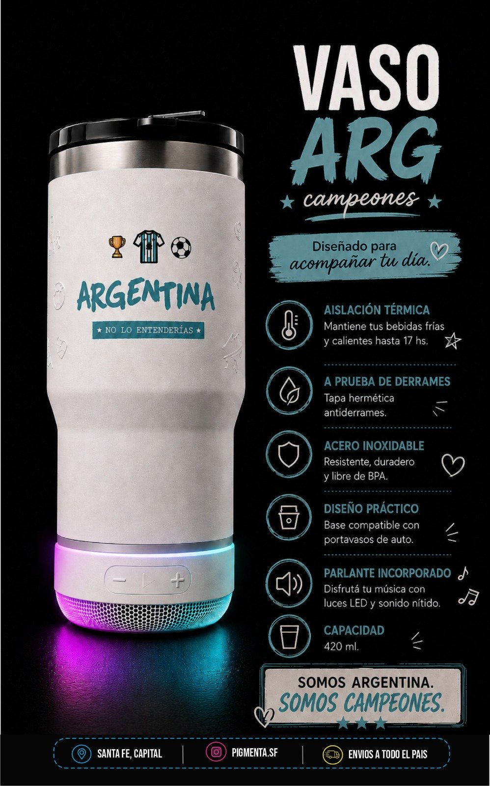 Vaso Térmico Campeones con parlante y luz LED by Pigmenta - Image 3