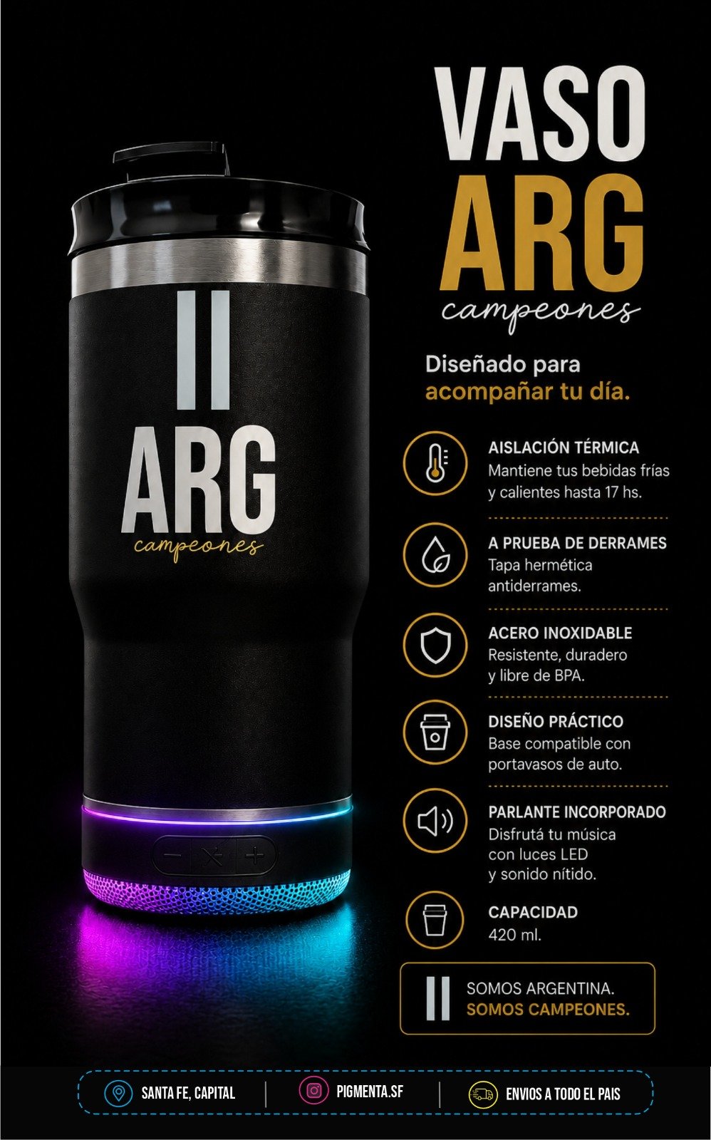 Vaso Térmico Campeones con parlante y luz LED by Pigmenta - Image 2